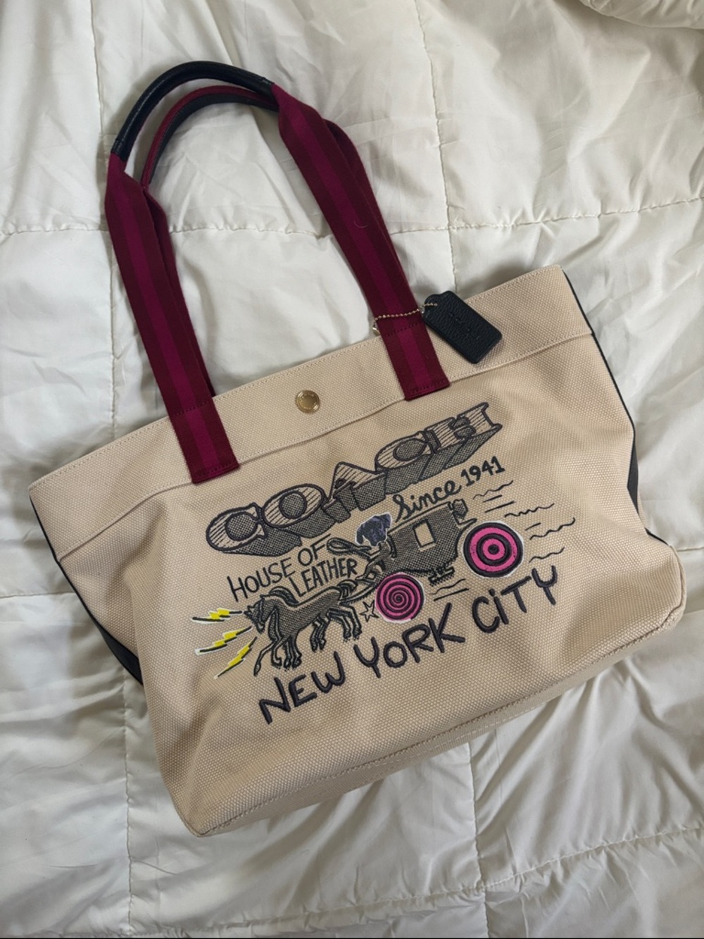 Coach New York City Graphic Canvas Tote Beige Pink Stripe Handles Leather